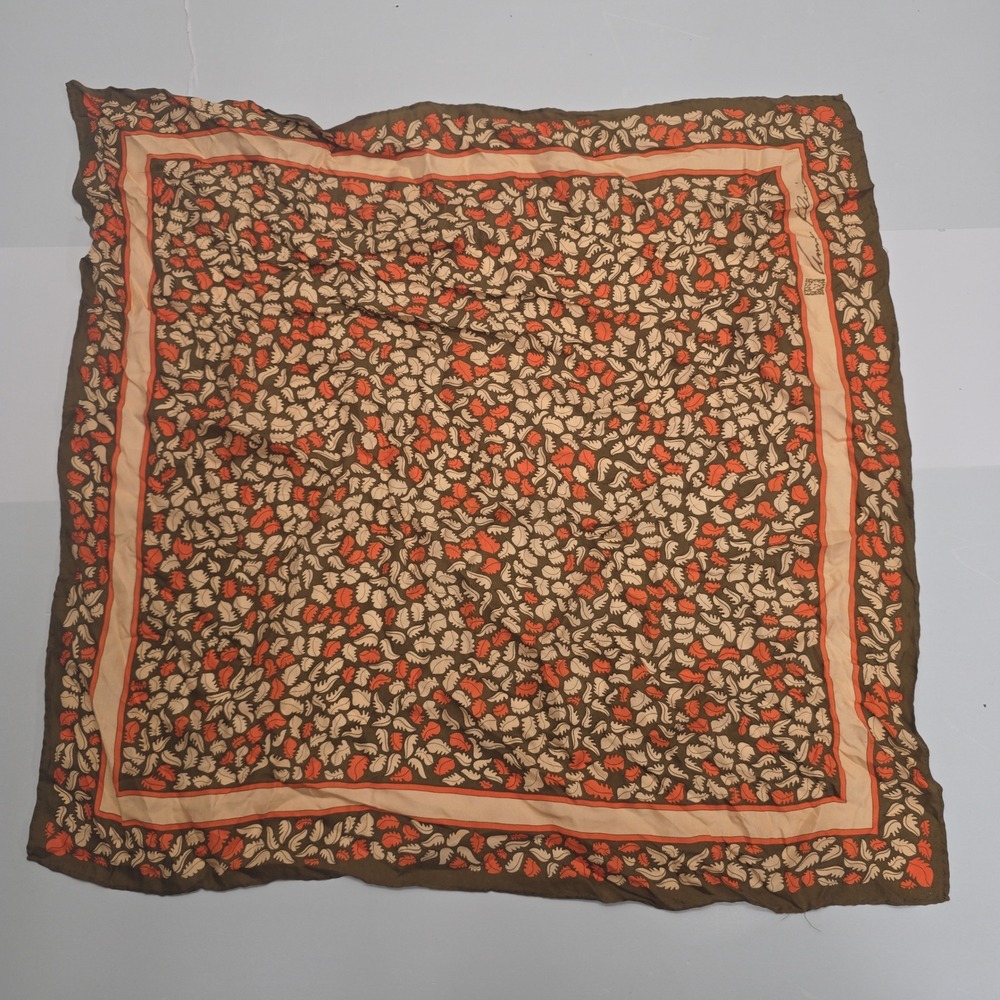 Anne Klein Vintage Silk Scarf Brown Orange Leaf Print Square Neck Wrap
